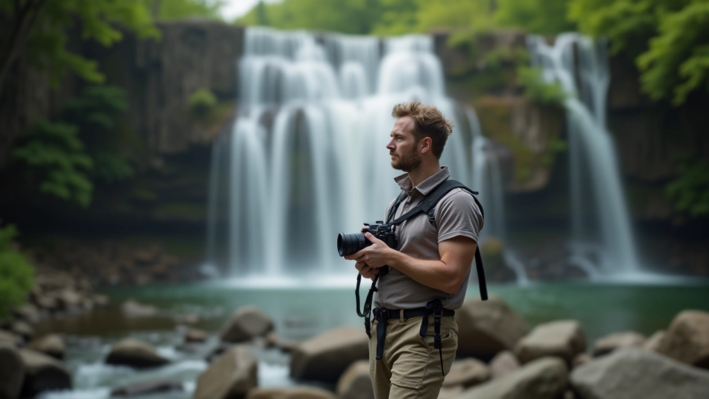 Žmogus su fotoaparatu fotografuoja vandens krintantį šaltinį
